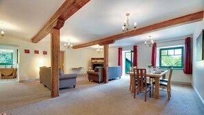 A spacious living area with a dining table, sofas, and a fireplace.