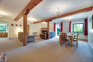 Een ruime woonkamer met een eettafel, banken en een open haard.