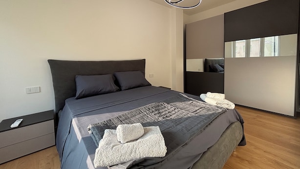 Ein modernes Schlafzimmer mit einem großen Bett, einem Nachttisch, einem Einbauschrank und einer Deckenleuchte.