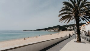 Een strand met een palmboom, een looppad en gebouwen op de achtergrond.