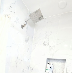 Hair dryer, towels, soap, shampoo