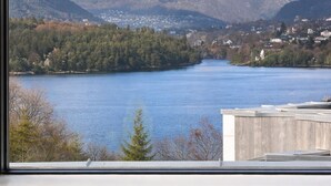 Järvi, jonka takana kohoavat vuoret, näkymä avautuu rakennuksen ikkunasta.