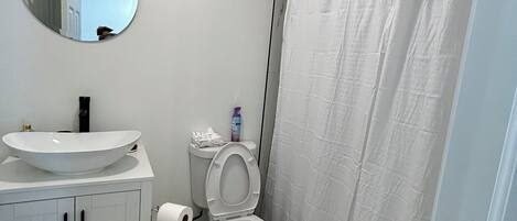 Secadora de cabello, toallas, jabón, papel de baño