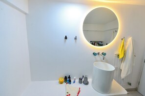Hair dryer, towels, soap