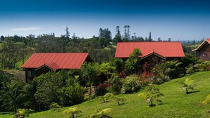 A row of cabins with red roofs, surrounded by lush greenery and trees. - Jacaranda Park Holiday Cottages (Norfolk Island)