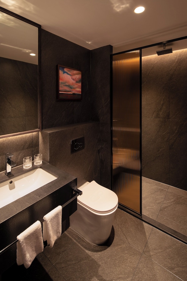 Een moderne badkamer met een donker marmeren wastafel, een toilet en een douchecabine.