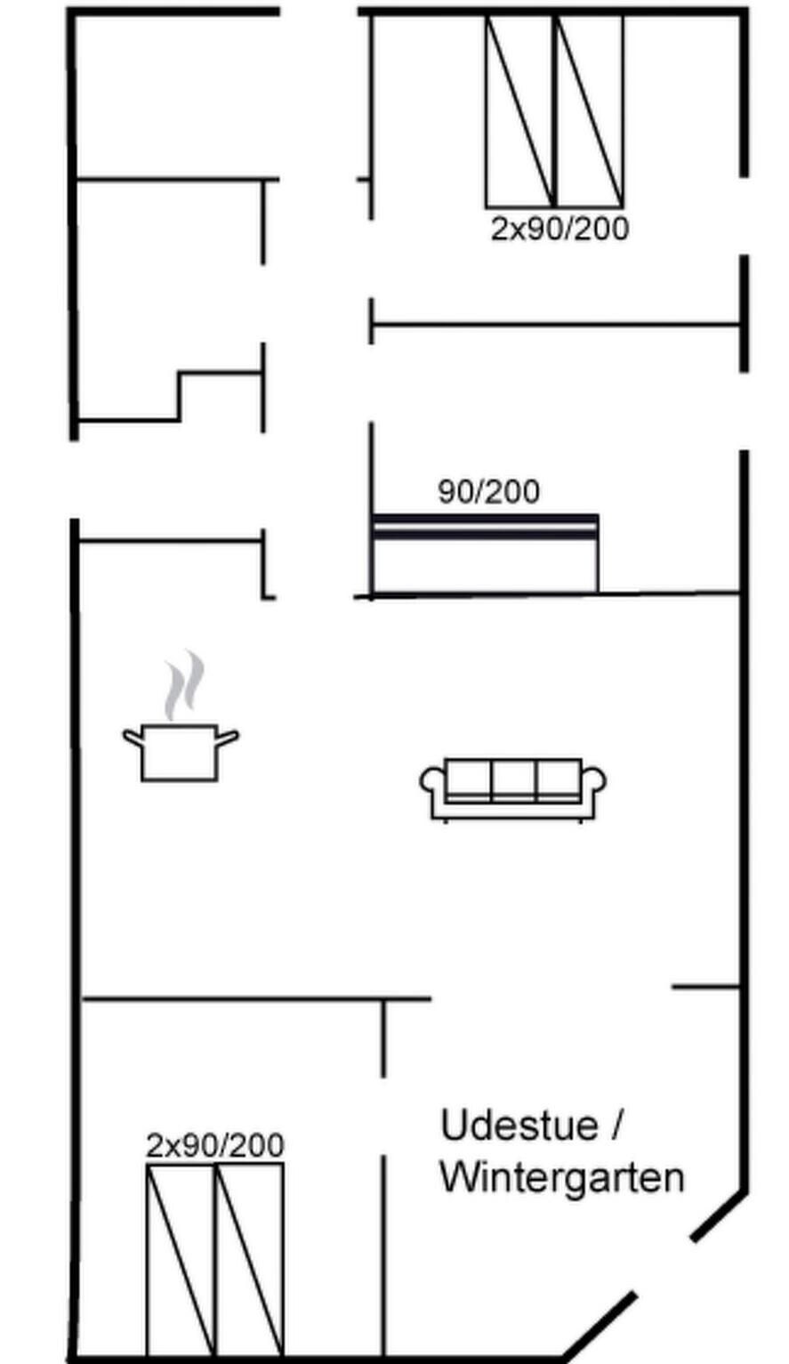 A floor plan with a kitchen area, a living room, and a winter garden.