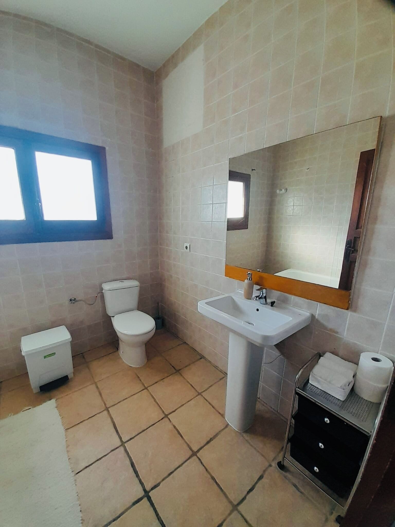 Secadora de cabello, toallas, jabón, papel de baño 