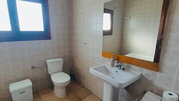 Secadora de cabello, toallas, jabón, papel de baño