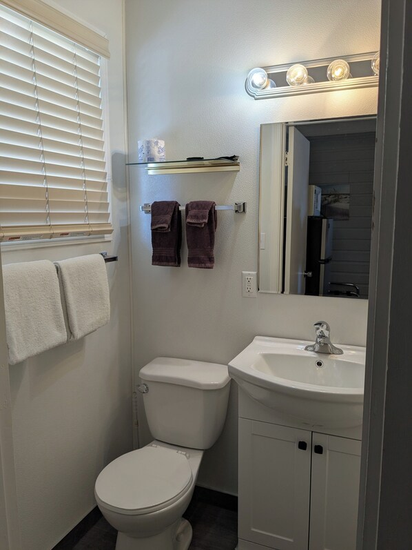 A compact bathroom with a toilet, sink, and vanity mirror. - Wagon Wheel Motel (Killam)