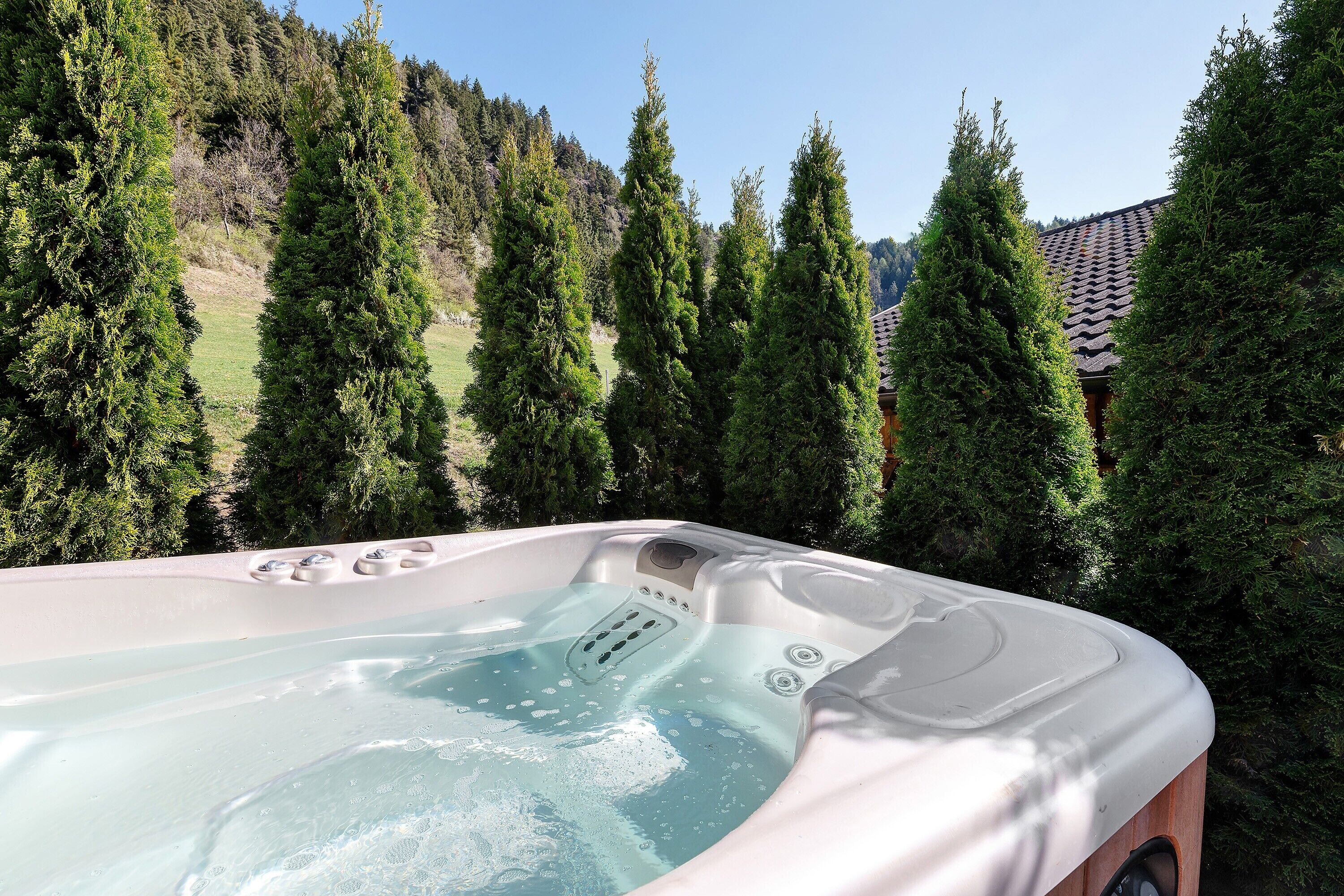 Un jacuzzi con vistas despejadas a una ladera boscosa.