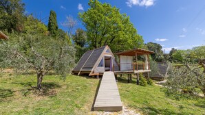 A small, single-story building with a wooden deck leading to a door, surrounded by olive trees and a clear blue sky.