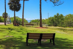 A park with benches, a playground, and a view of the water. - Upscale Quiet Close to everything (Palm Harbor)