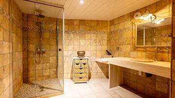 Shower, hair dryer, towels