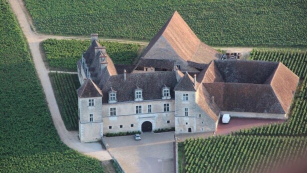 An aerial view of a large estate with a prominent central building, surrounded by expansive green fields.