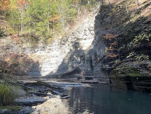 Un paisaje natural con un río, acantilados rocosos y árboles.