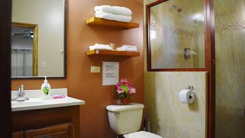A bathroom with a sink, mirror, toilet, and shower.