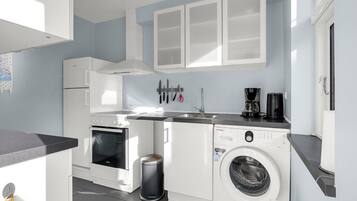 Une cuisine de taille réduite équipée d’un lave-linge, d’une cuisinière et d’un évier.