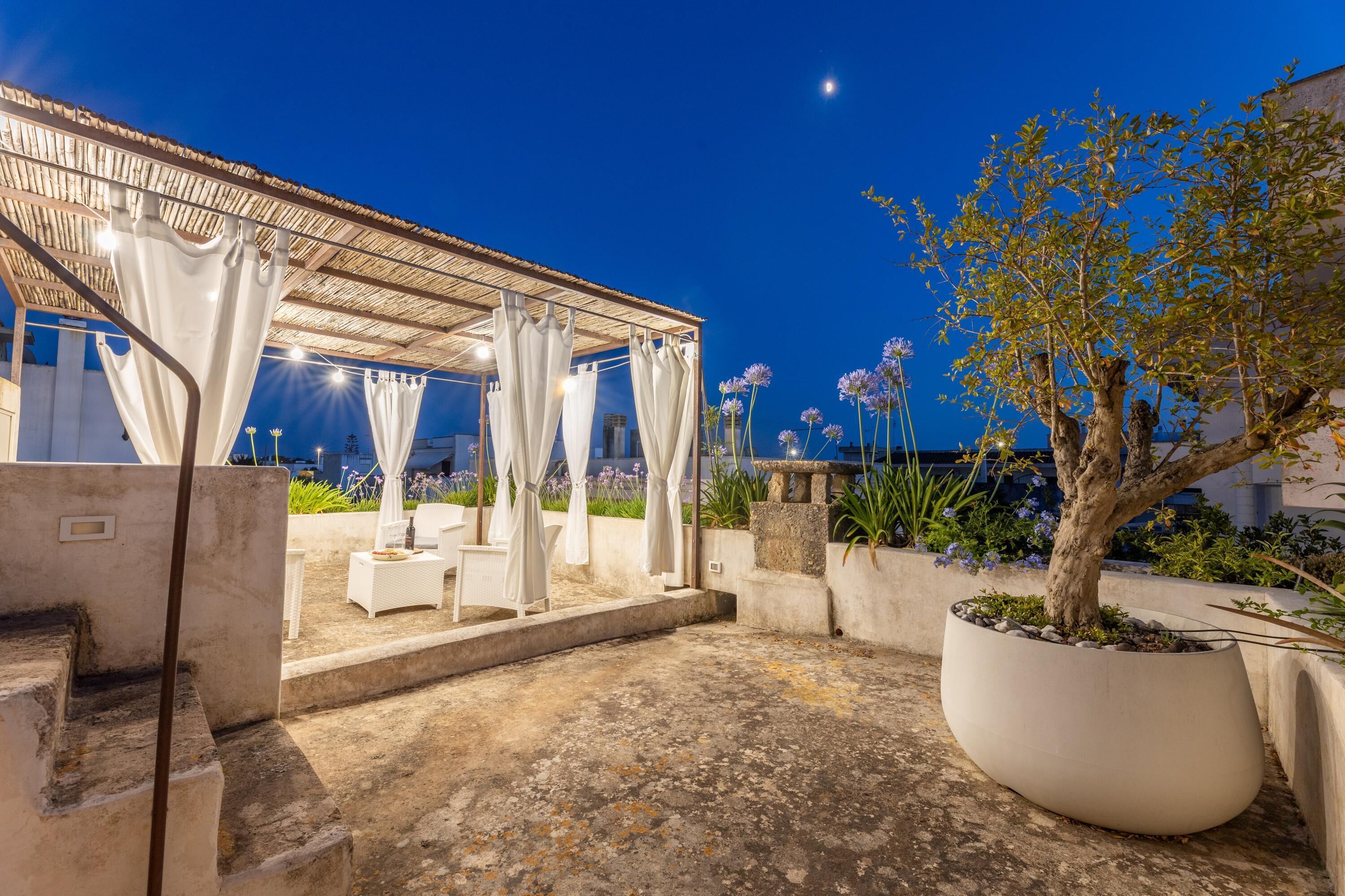 Un patio exterior con zona de estar cubierta, un árbol grande en maceta y vista al cielo nocturno.