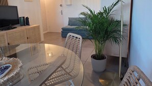 A modern living room with a glass dining table, wicker chairs, a large potted plant, a sofa, and a television on a cabinet. - Apartment with sunny terrace for 4 people 20 metres from the port  (Leucate)