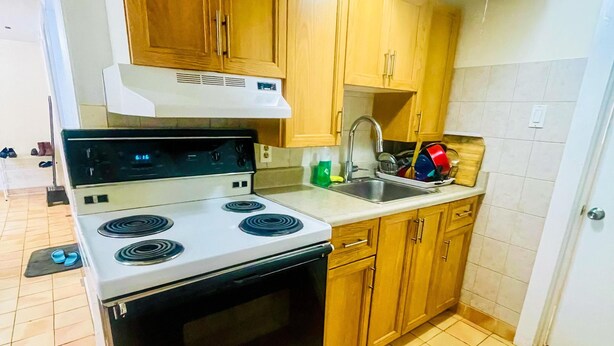 Una cocina con estufa, lavaplatos y armarios de madera.