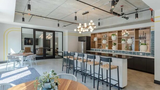 Une cuisine moderne avec des tabourets de bar, un îlot central et une variété de plantes.