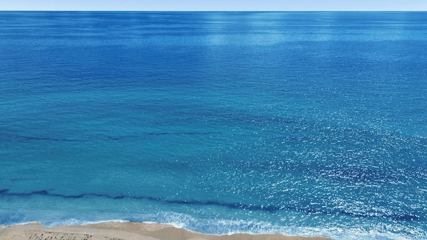 Una playa con agua cristalina y una orilla arenosa.