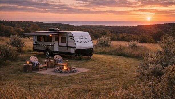 A Jayco RV parked in a grassy field with a fire pit and two Adirondack chairs. - Charming Charlevoix Camper Getaway Near Lake Michigan (Charlevoix)