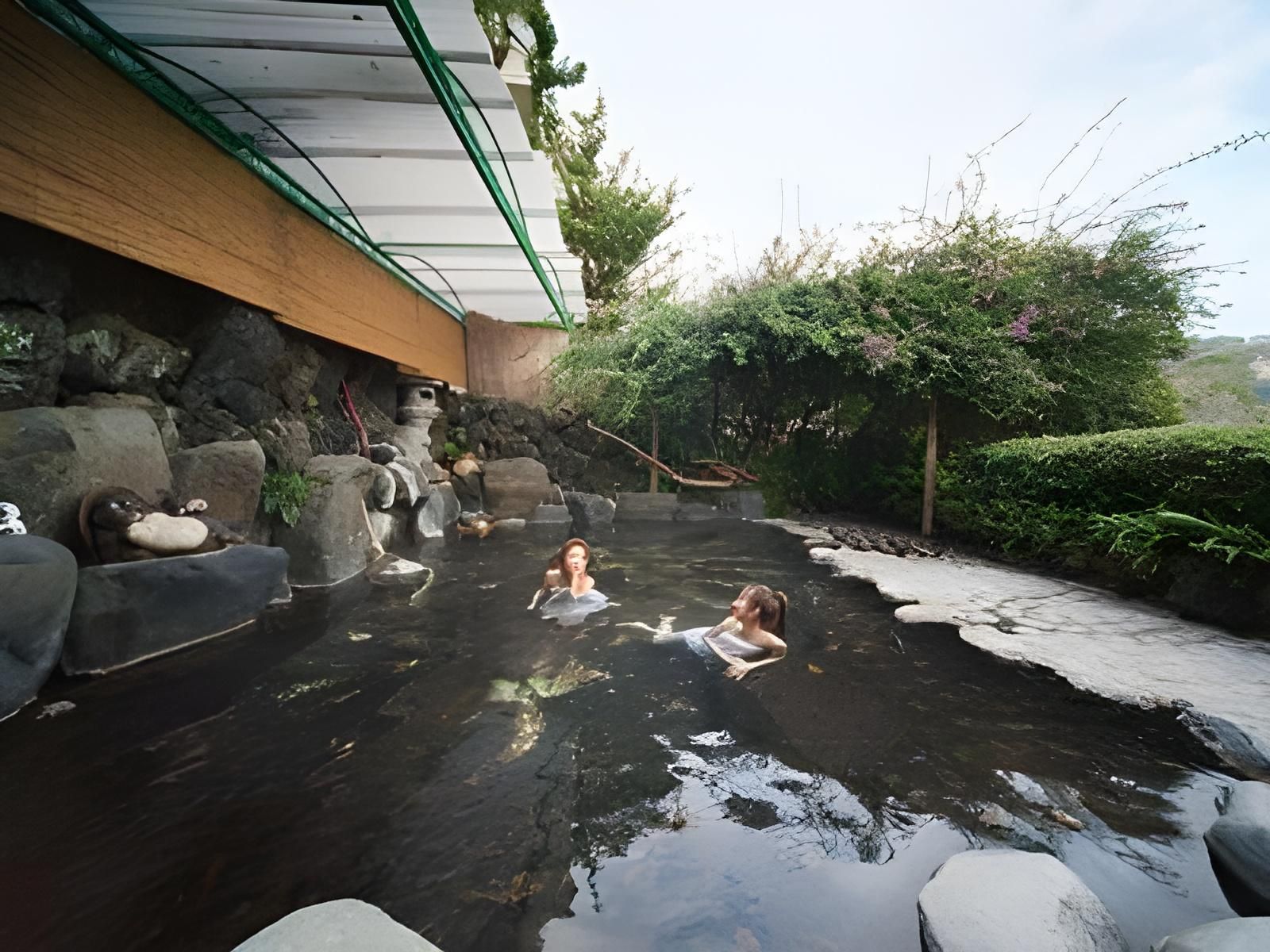 Een warmwaterbrongebied met stenen traptreden die het water in leiden, omringd door groen en een gebouw met een groen dak.