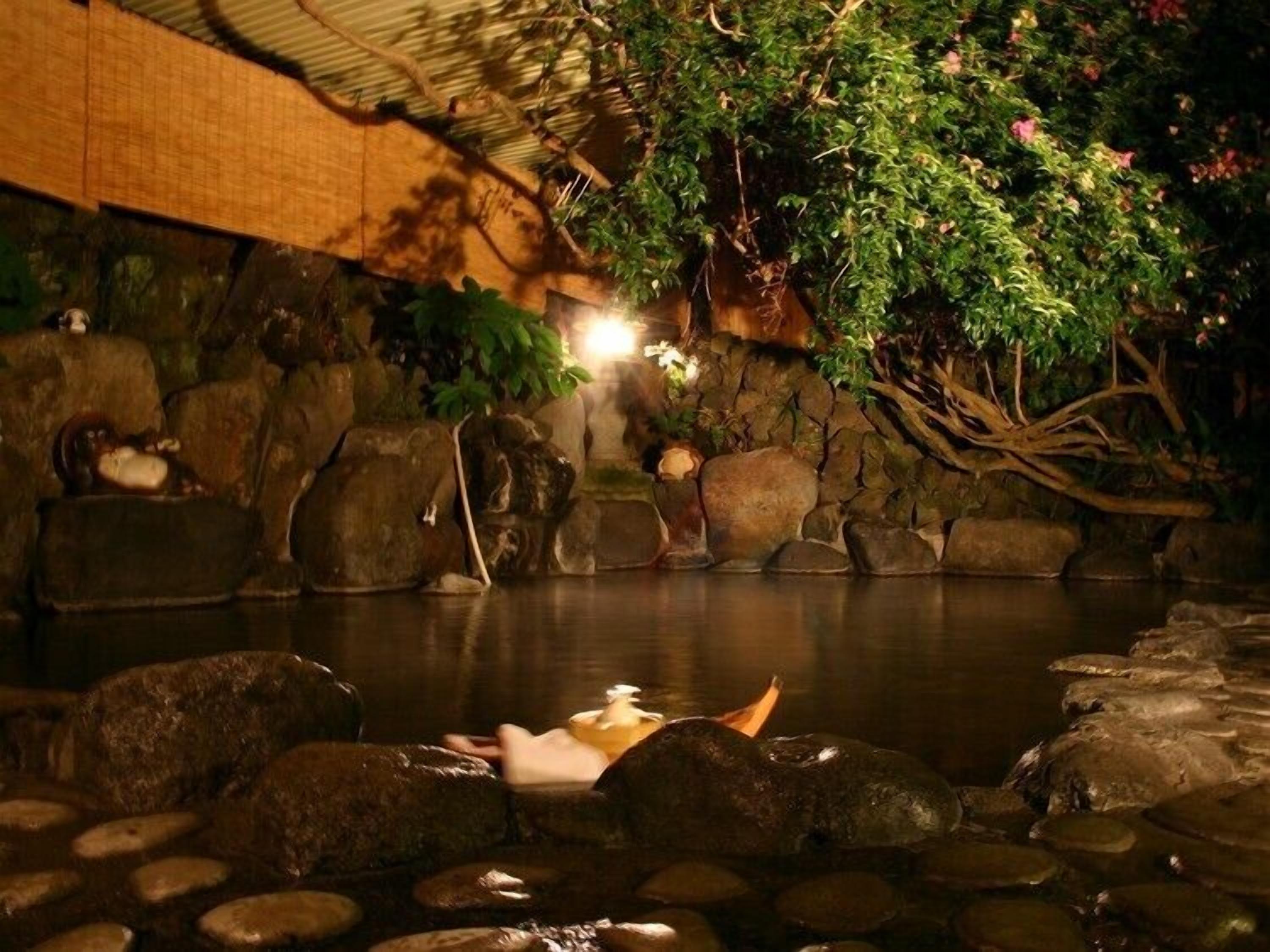 Ein ruhiges Innenwasser-Element mit Steinen und Pflanzen, einer hölzernen Konstruktion darüber und einer Person, die im Wasser entspannt.