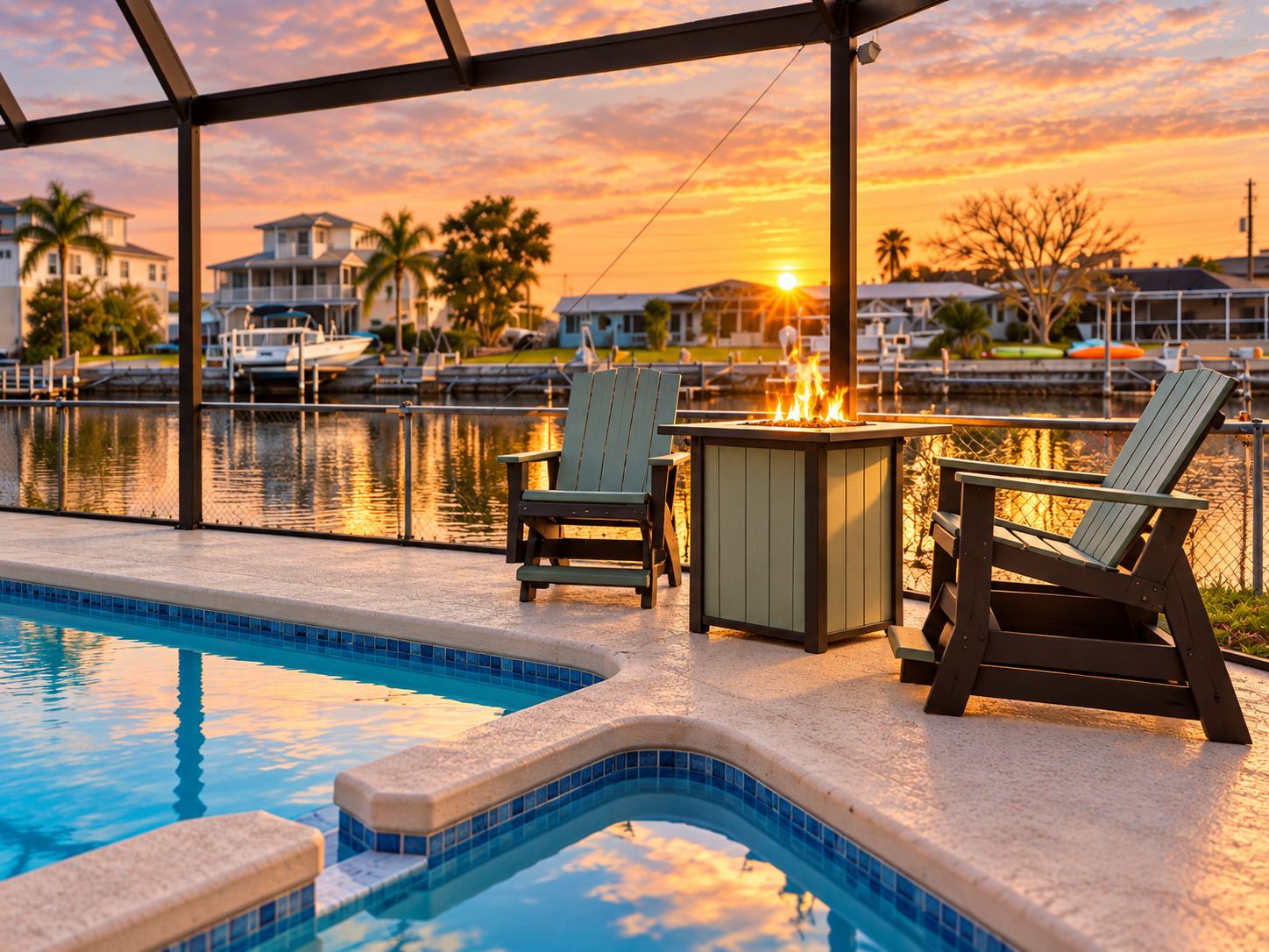 A swimming pool with a fire feature, lounge chairs, and a view of a marina during sunset.