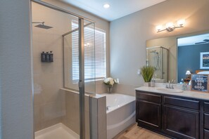 Hair dryer, towels, soap, toilet paper