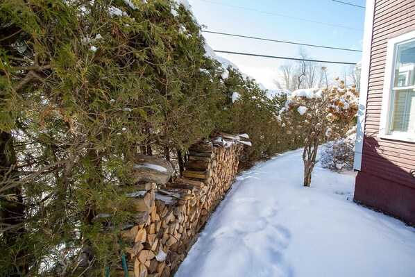 Camí ple de neu que condueix a una casa amb mur de pedra i tanca de fusta.