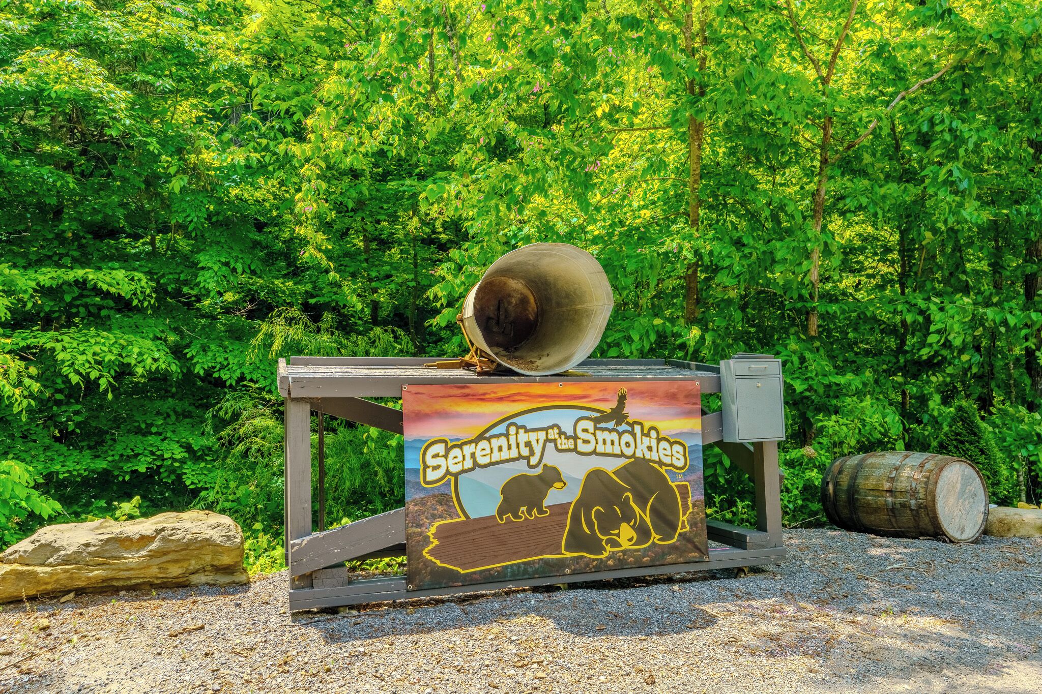 Un cartell amb el text 'Serenity at the Smokies' que mostra un os i un osset.