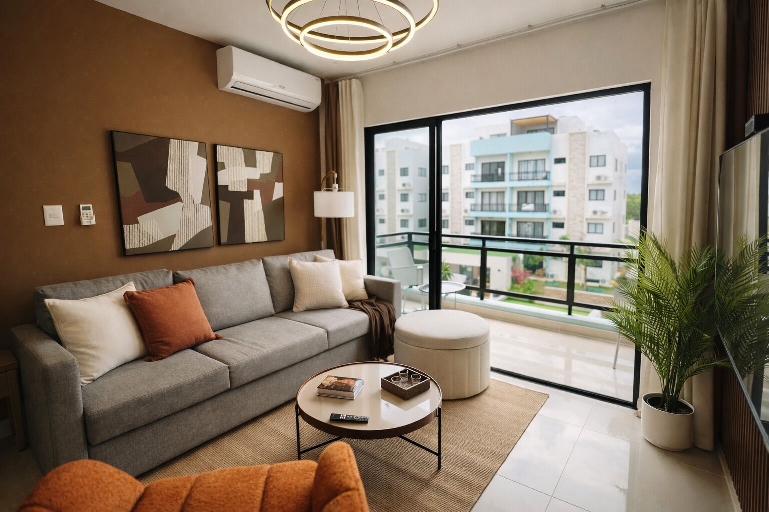 A modern living room with a grey sofa, a round coffee table, a potted plant, and a large window with a view of buildings.