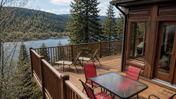 Eine Holzterrasse mit Tisch und Stühlen mit Blick auf einen See und Wald.