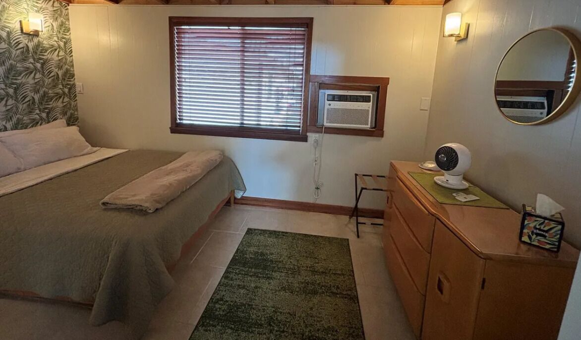A bedroom with a bed, a dresser, a mirror, a window with blinds, and a wall-mounted heater.