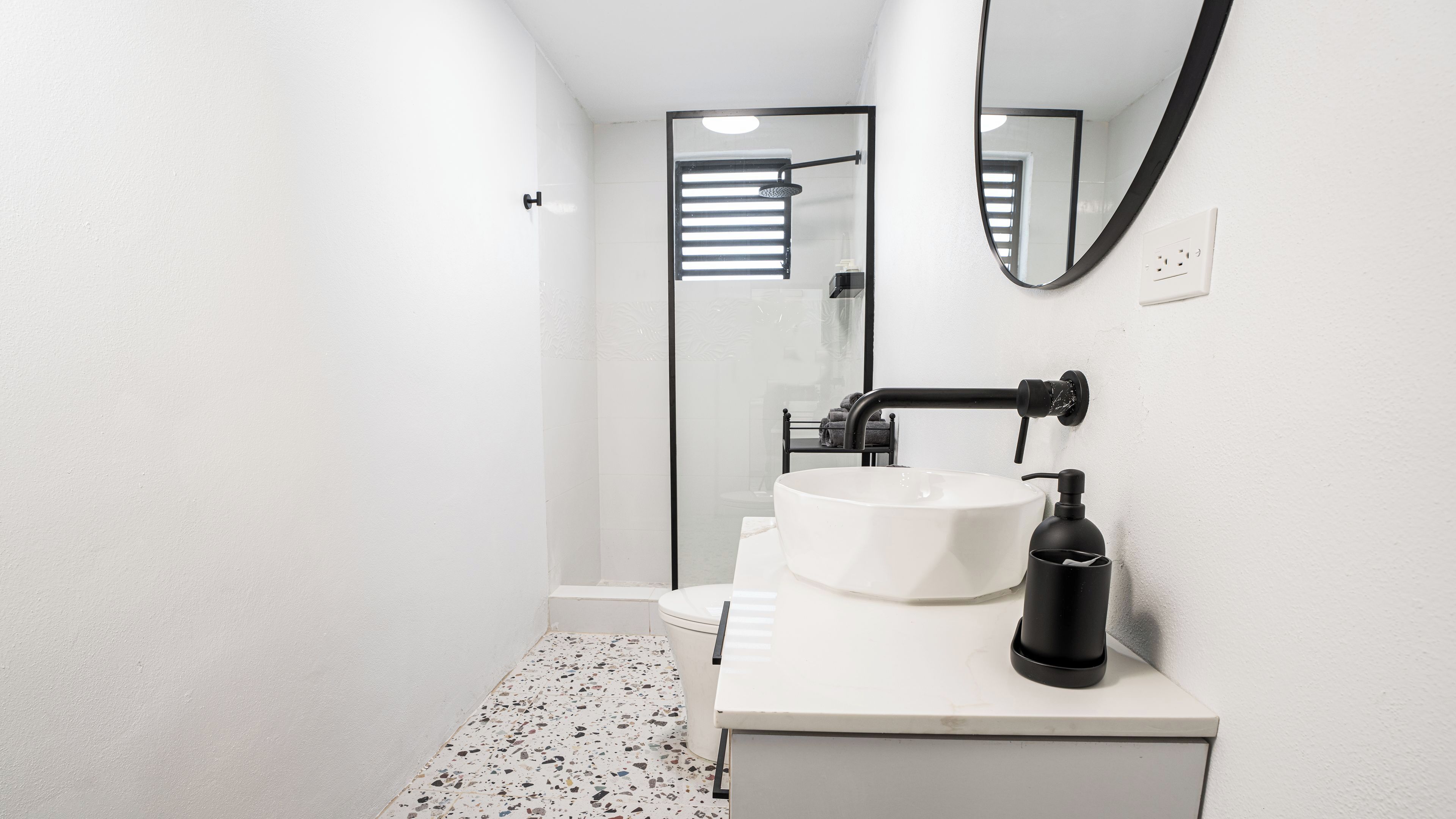 Hair dryer, towels, soap, toilet paper