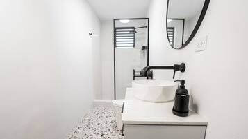 Hair dryer, towels, soap, toilet paper