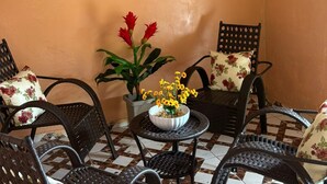 Una habitació amb una làmpada al sostre, un quadre de lleons, una taula amb cadires i una planta en test amb flors grogues.