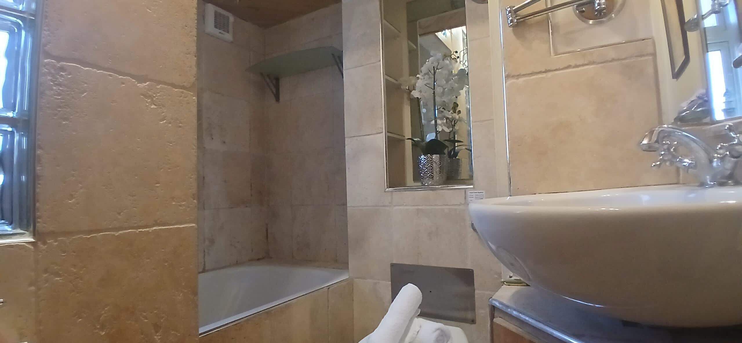 Shower, hair dryer, shampoo