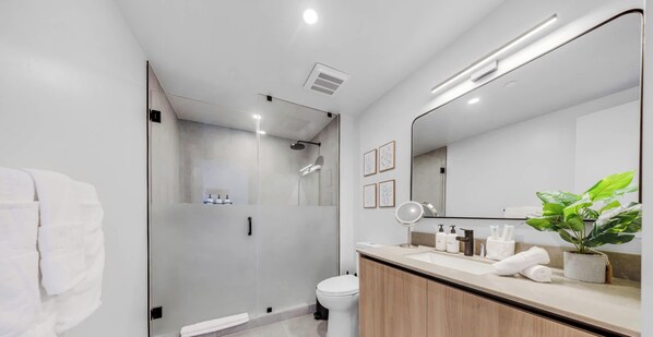 Ein modernes Badezimmer mit einer gläsernen Dusche, einem Holzkosmetikschrank, einem großen Spiegel und einem Blumentopf.