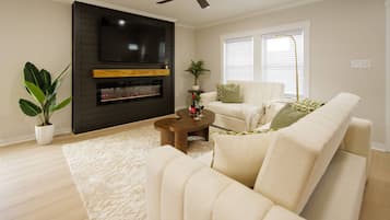 Televisión, chimenea y estéreo