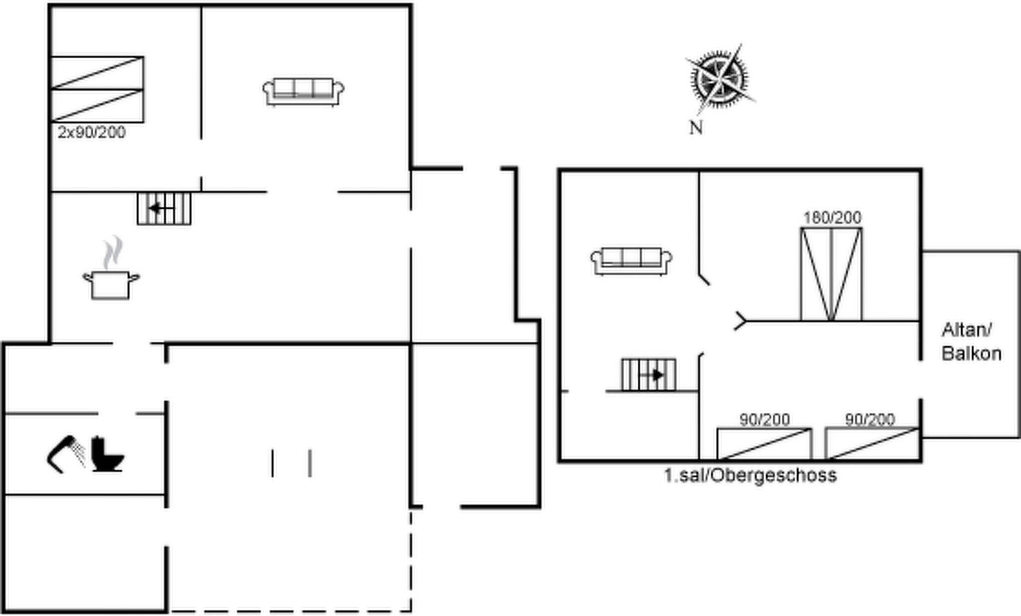 Un plan d’étage d’hôtel comprenant un espace de vie, une kitchenette, une salle de bain et un balcon.