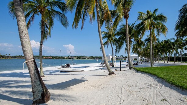 A beach with palm trees, a boat, and a white building with a roof.