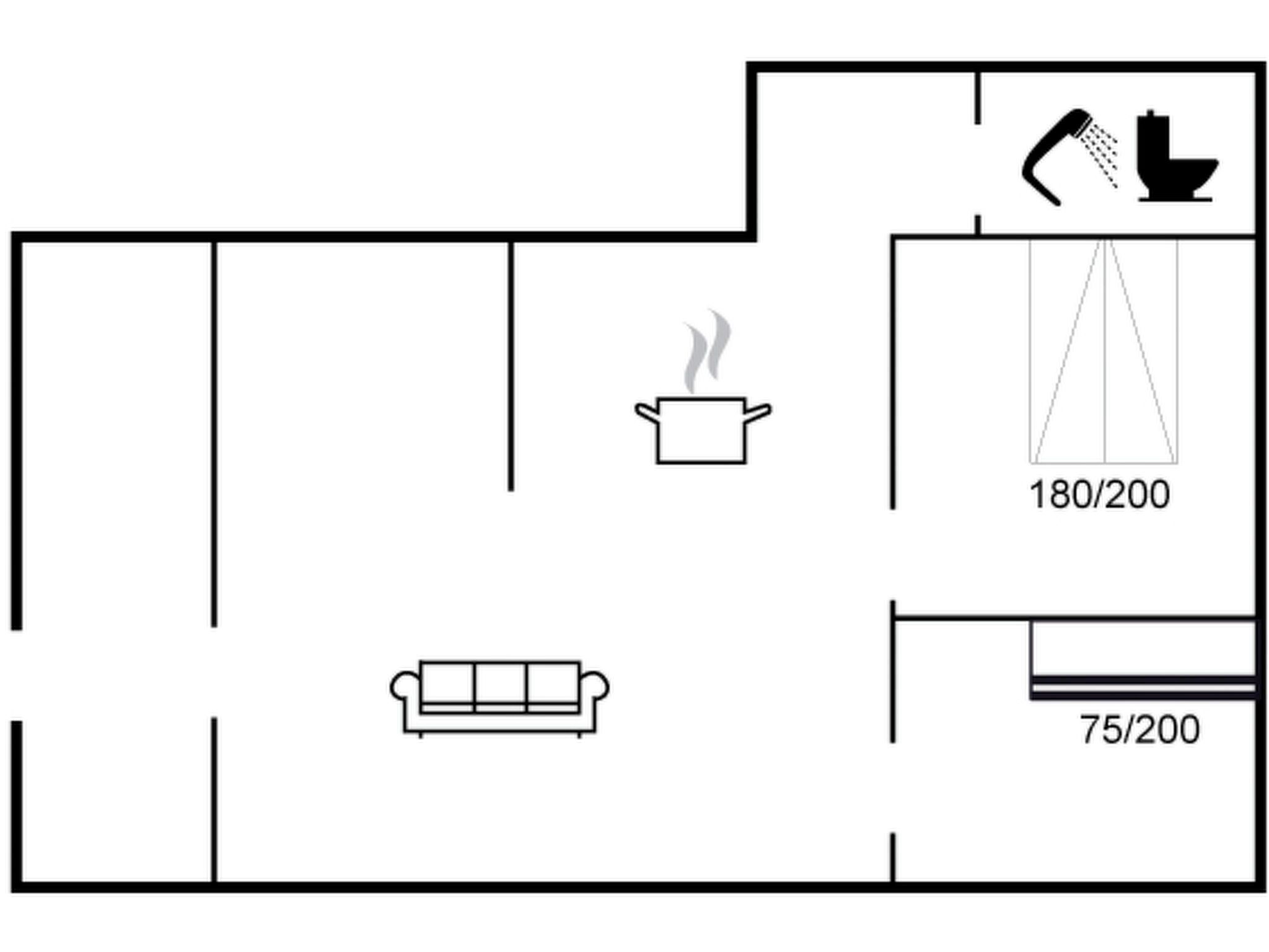 A floor plan with a kitchenette, a toilet, and a sofa.