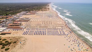 A beach with rows of umbrellas and sun loungers, a parking lot, and buildings in the background. - Tenuta Primero Grado Family Collection (Grado)