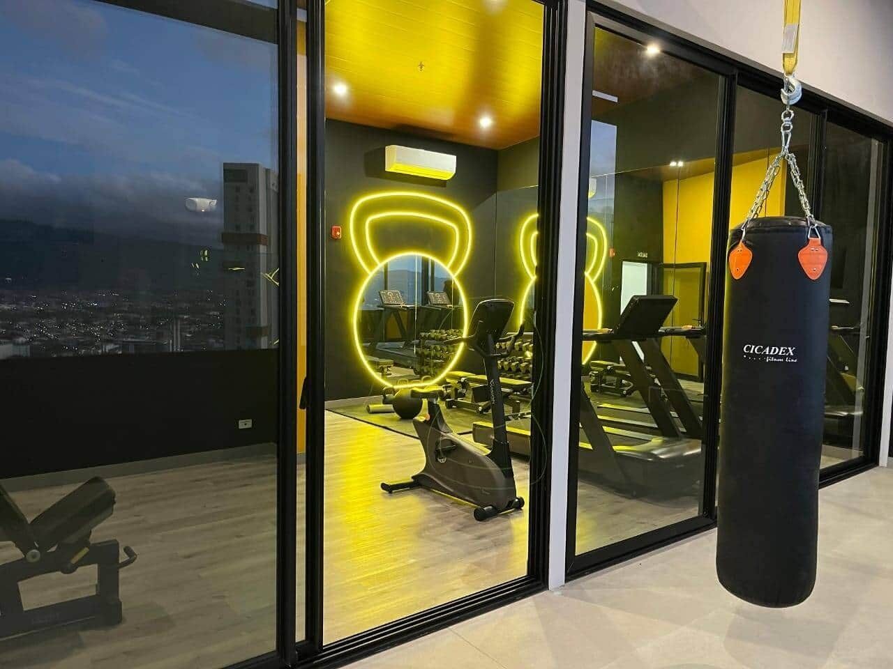 Une salle de sport équipée de matériel d’exercice, d’un sac de frappe et offrant une vue sur la ville grâce à de grandes fenêtres.