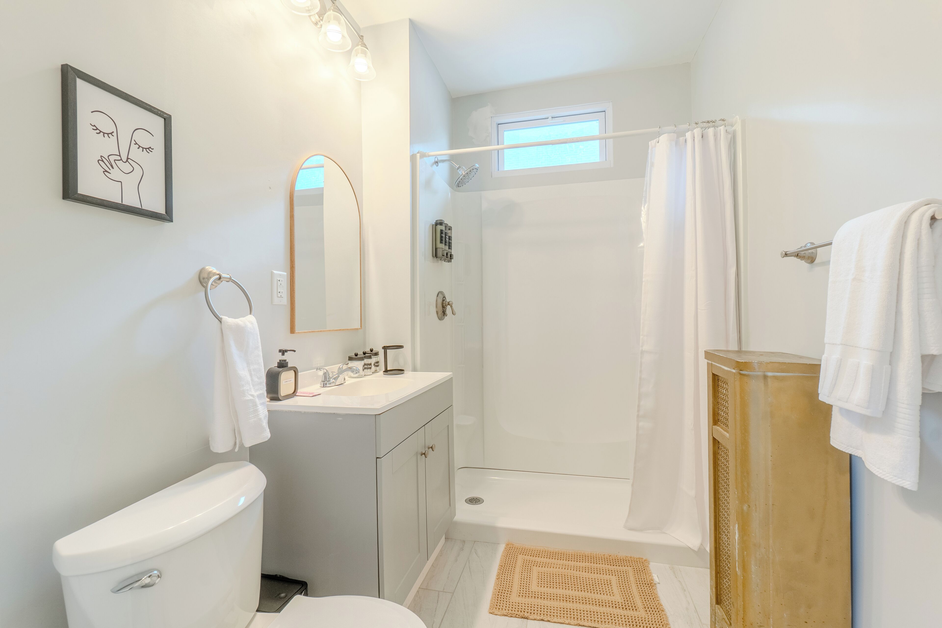 Hair dryer, towels, soap, shampoo