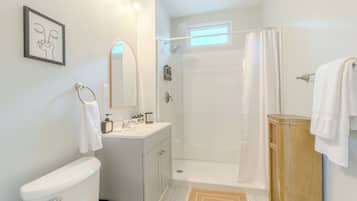 Hair dryer, towels, soap, shampoo